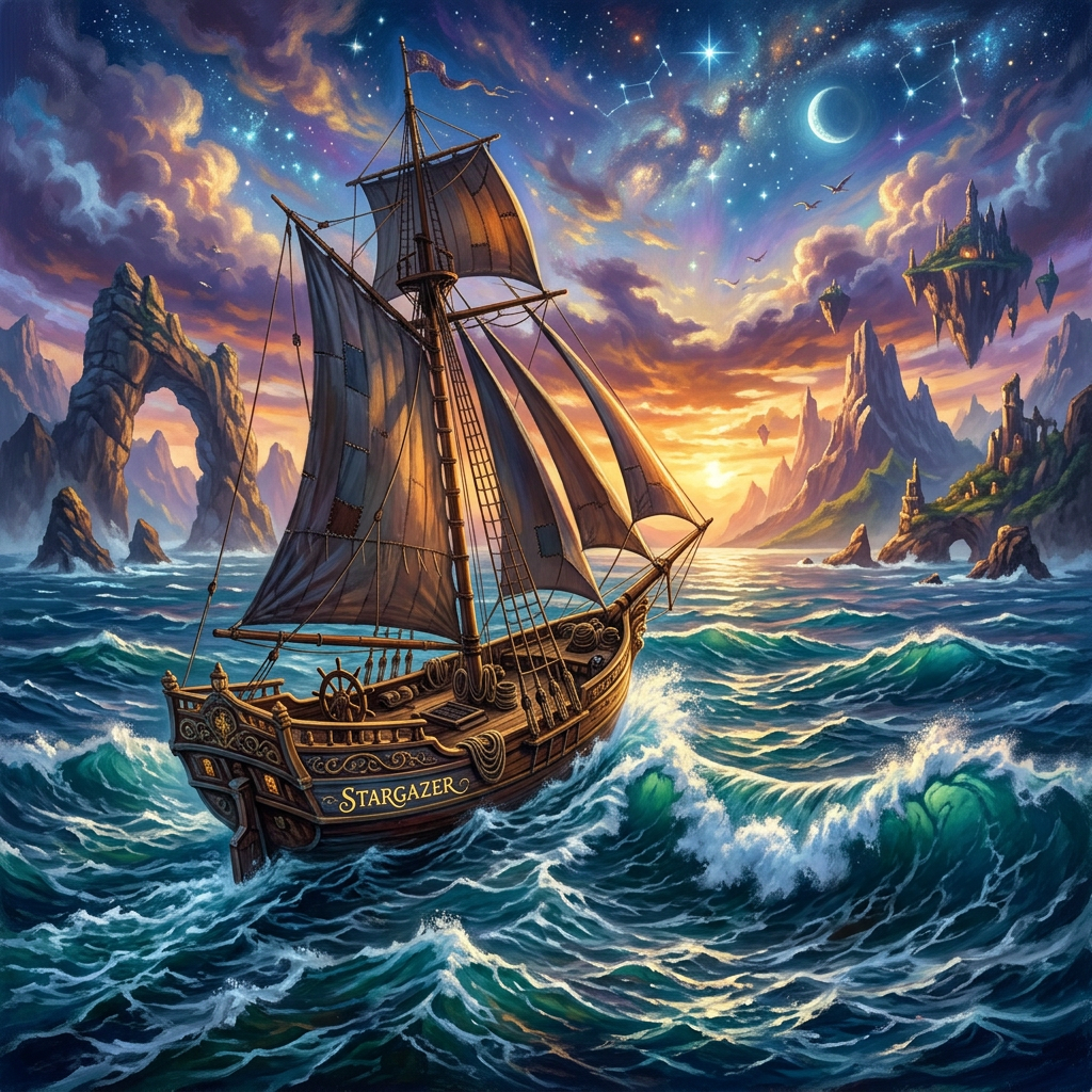 A wooden sailing ship named Stargazer on turbulent ocean waves with a glowing sunset, starry sky, and floating islands in the background.
