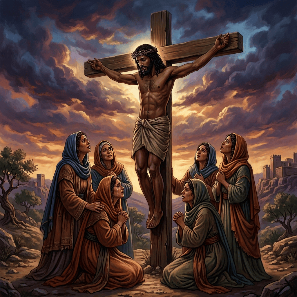 Jesus on the cross surrounded by grieving women at sunset