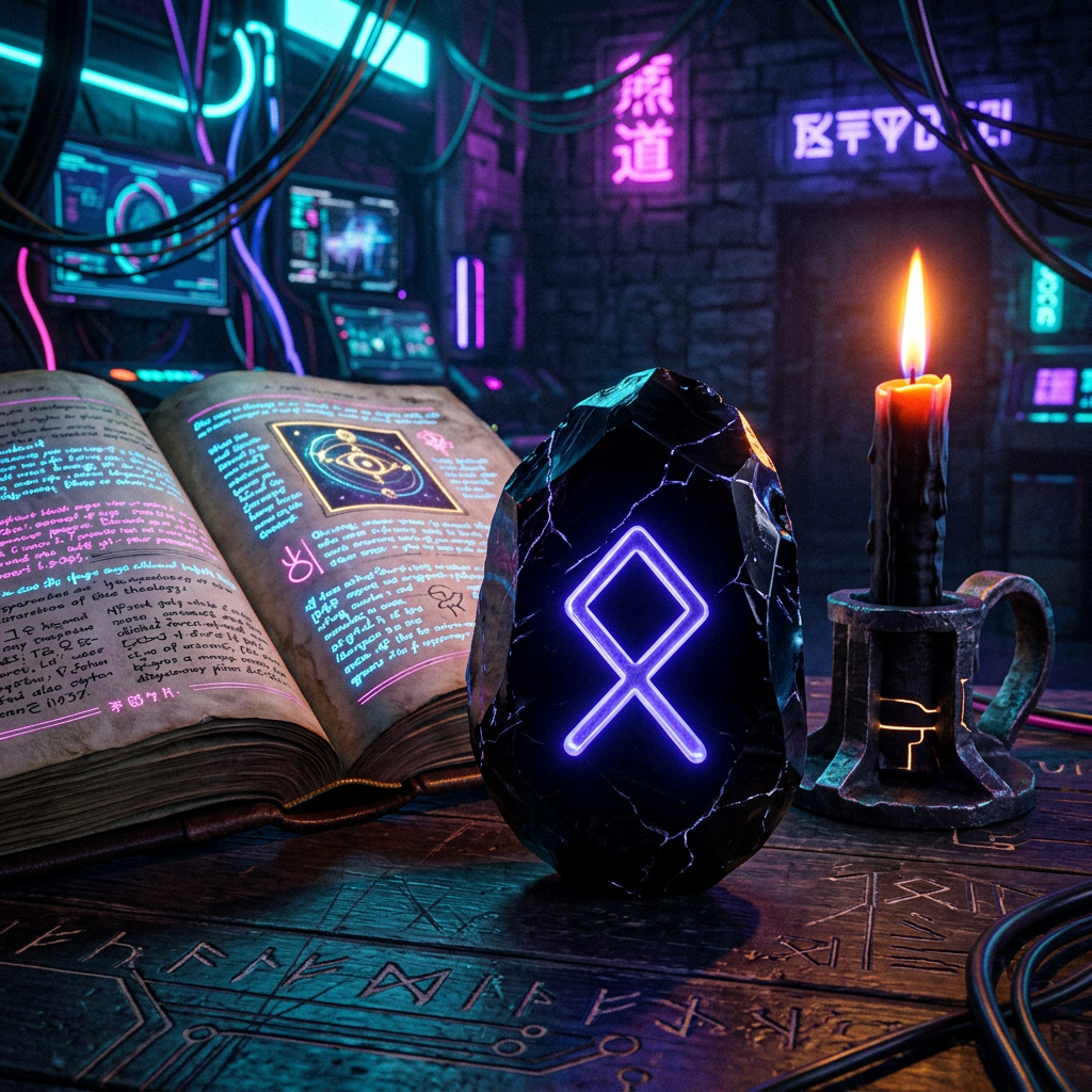 Glowing rune stone beside an open book and candle in a neon-lit room